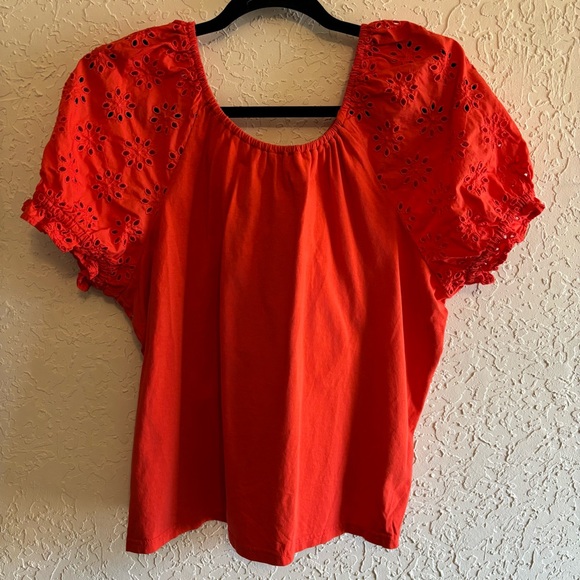 J. Crew Pullover Top Size Large Orange Cotton Embroidered Eyelet Puff Sleeve - Picture 2 of 7